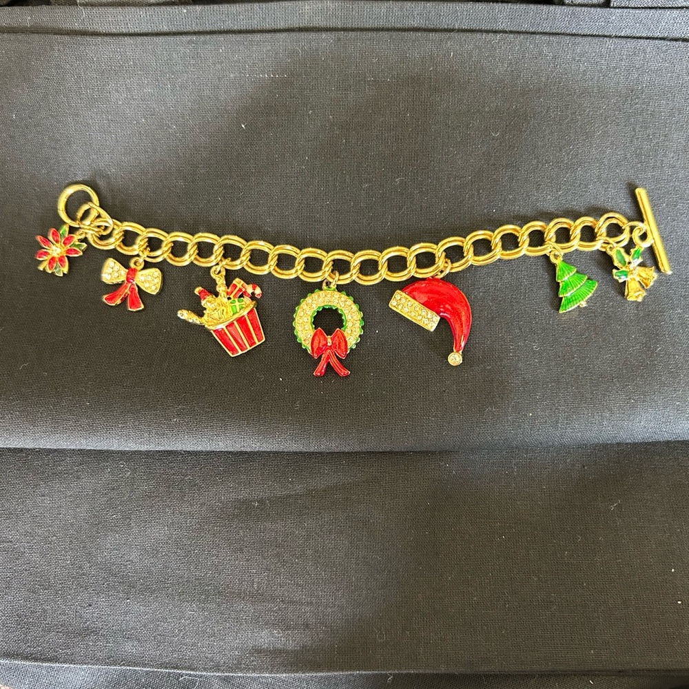 VINTAGE holiday Swarovski Christmas Charm Bracelet, Gold Enamel and Crystals